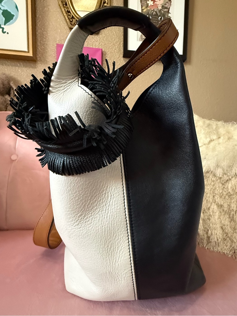 💯 Auth! Elena Ghisellini Colorblock Shoulder/Crossbody Cream Brown Black Leather - Picture 3 of 14